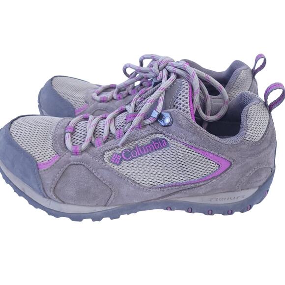 Columbia Trail Hiking Lace Up Shoes Outdoor Women Size 7 Tan Purple Leather - Picture 1 of 7